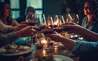 Naklejka premium Friends Proposing a Toast with a Glass of Wine Generative AI