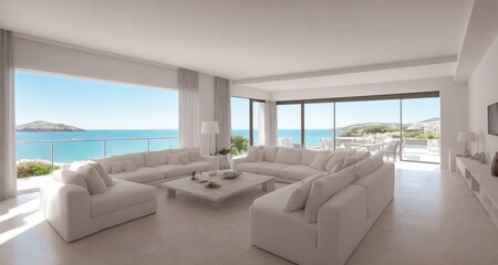 Luxurious Coastal Mansion Living Room in Ibiza, Spain generative ai