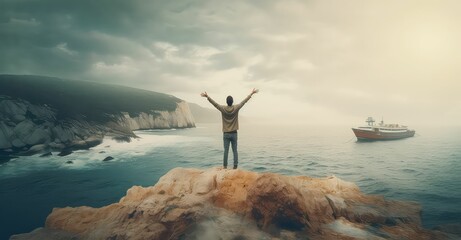 Happy man with arms outstretched embracing the world. Traveler with a backpack enjoying summer vacation. Traveling lifestyle Generative AI. 