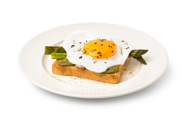 Delicious sandwich with fried egg and asparagus on white background