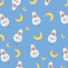 Pattern with a sheep and moon on the blue background