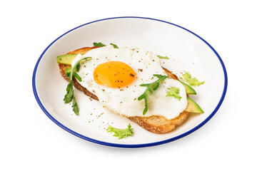 Delicious sandwich with fried egg, avocado and arugula on white background