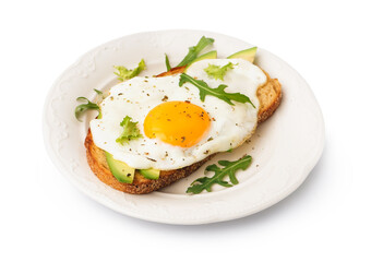 Delicious sandwich with fried egg, avocado and arugula on white background