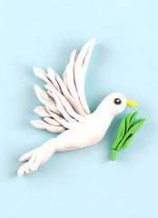 plasticine dove of peace with a green branch on a blue background, generative AI	