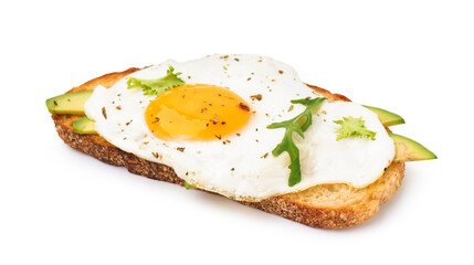 Delicious sandwich with fried egg, avocado and arugula on white background