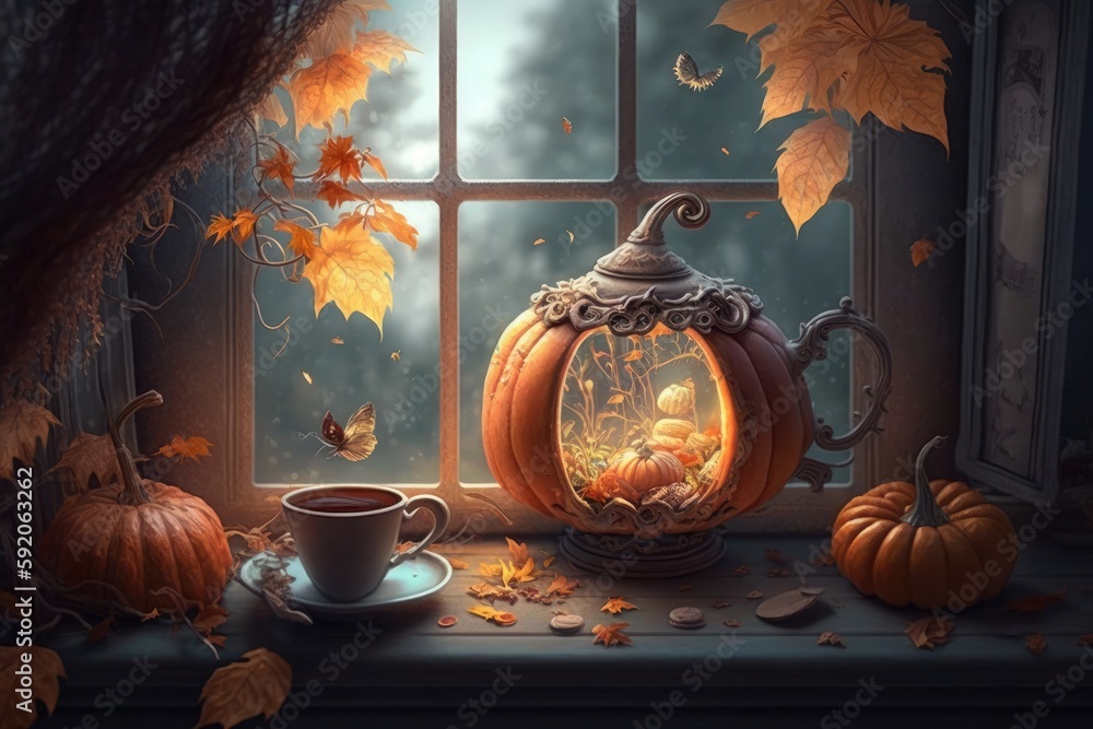 Poster windowsill overflowing with pumpkins in various sizes and colors. generative ai
