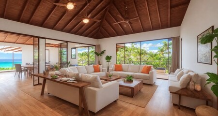Fototapeta na wymiar A Picture of Paradise: Cozy Living Room in a Maui Bungalow generative ai