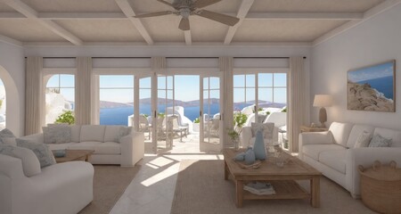 Obraz na płótnie Canvas Coastal Luxury: A Glimpse Inside a Santorini Greece Estate Living Room generative ai