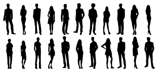 Silhouettes of men and women, a group of standing businesspeople on white background