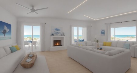 Fototapeta na wymiar Cozy Coastal Bungalow Living Room in Ibiza, Spain generative ai