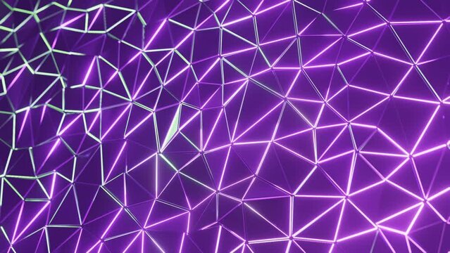 Abstract 3d animation, dark looped background. geometric low poly shiny surface, glowing light, purple colors. polygonal triangle shapes. Animated stock motion design, technology modern style.