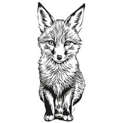 fox  vintage illustration, black and white vector art fox cub