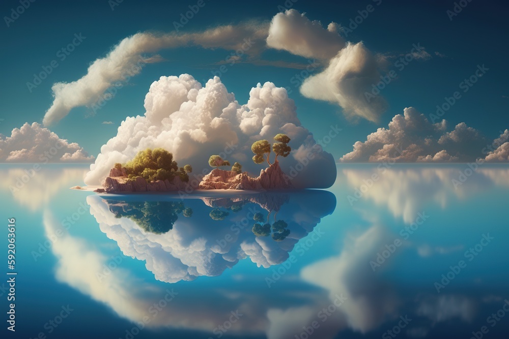 Aufkleber fluffy clouds float serenely over the lake in this abstract panoramic environment. generative ai