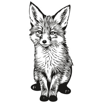 recommend clip art: Funny cartoon fox, line art illustration ink sketch fox cub