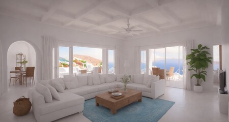 Fototapeta na wymiar A Glimpse of Paradise: Stunning Interior of a Santorini Villa Living Room generative ai