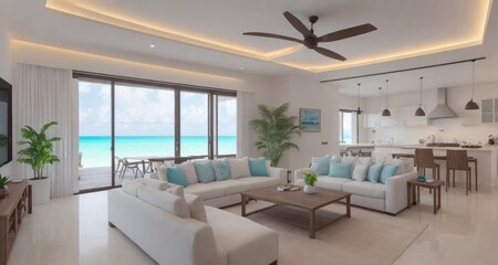 Fototapeta na wymiar Relaxing Coastal Views from a Luxurious Maldives Villa Living Room generative ai