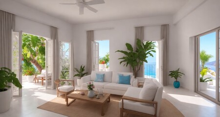 Fototapeta na wymiar Tropical Luxury: Living Room of a Santorini Greece Villa generative ai