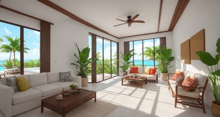 Luxurious Tropical Living Room in a Villa in Cancun, Mexico generative ai