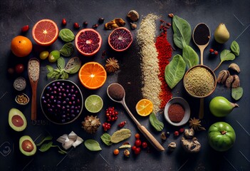 Fototapeta na wymiar Healthy food clean eating selection: fruit, vegetable, seeds, superfood, cereal, leaf vegetable on gray concrete background. Generative AI
