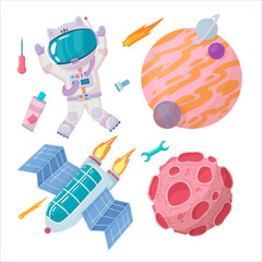 Astronaut. A set of objects: UFOs, spaceships, rockets. Solar system, Galaxies, planets, asteroids, comets, shooting stars. Vector illustration in cartoon style on a white background.