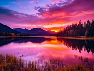The photo shows a stunning sunset over a tranquil lake surrounded by mountains. The sky is a blend of pink, orange, and purple hues, and the water reflects the colors beautifully. In the foreground, t