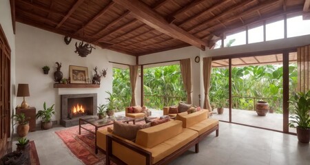 A Glimpse of Costa Rican Luxury: An Exotic Villa's Grandiose Living Room Interior generative ai
