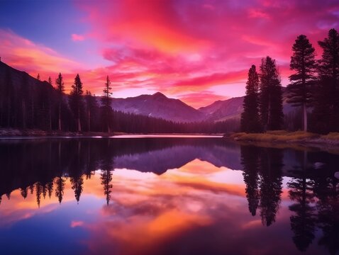 The photo shows a stunning sunset over a tranquil lake surrounded by mountains. The sky is a blend of pink, orange, and purple hues, and the water reflects the colors beautifully. In the foreground, t