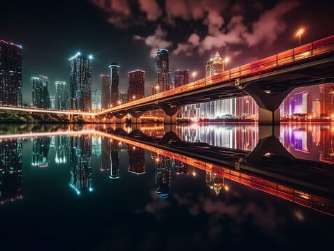 The photograph captures a breathtaking view of a city skyline at night. The skyscrapers are illuminated by bright lights, and the reflections in the water below create a stunning mirror effect. In the