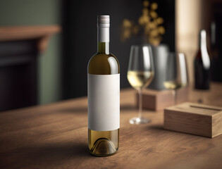 Weißwein in der Küche auf einem Holztisch, Mockup, generativ AI