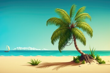 Plakat serene tropical beach with a palm tree in the foreground. Generative AI