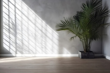 Minimalistic abstract gentle light gray concrete background with wooden dark floor for product presentation with light andand intricate shadow from the window and vegetation big palm on wall