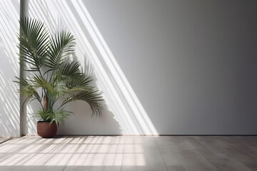 Minimalistic abstract gentle light gray concrete background with wooden dark floor for product presentation with light andand intricate shadow from the window and vegetation big palm on wall