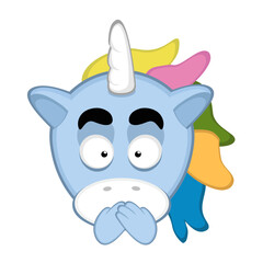 vector illustration face of a cartoon unicorn covering its mouth with its hands