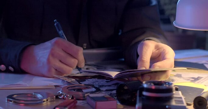 Writing information into a document by the investigator's hands on the table. He's holding the suspect's passport, find the photo. Using a pen to write.