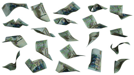 3D rendering of Algerian dinar notes flying in different angles and orientations isolated on transparent background