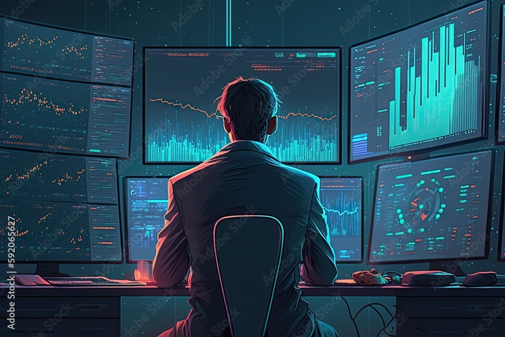 Poster person working at a multi-screen computer setu. generative ai
