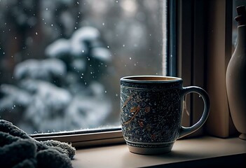 Obraz na płótnie Canvas a cup sitting on a table in front of a window with a view of the snow outside the window and a snow covered tree outside the window behind it, with snowing outside the window. Generative AI