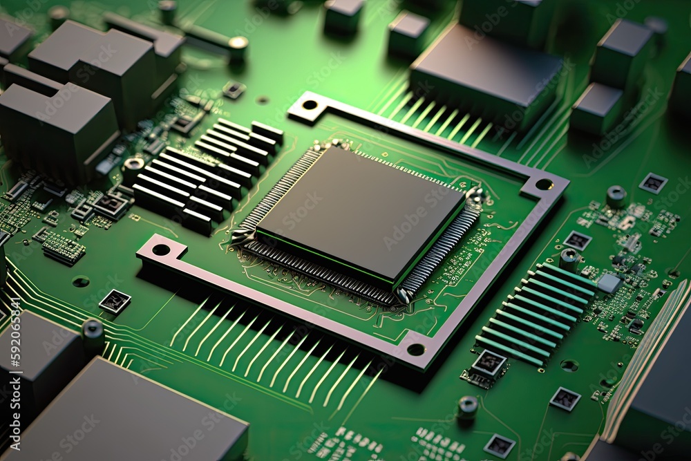 Poster detailed view of a computer motherboard with labeled components. generative ai