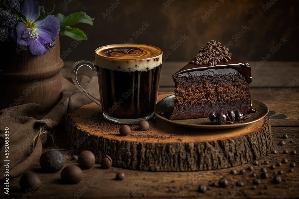 Wall mural a steaming mug of coffee sits on a wooden platter adorned with coffee beans and a decadent chocolate