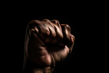 A man clenched his fist on a black background.shaded hand, darkened background .gesture. Generative AI 