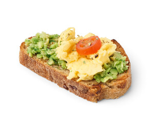 Tasty scrambled eggs sandwich and vegetables on white background