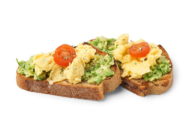 Tasty scrambled eggs sandwiches and vegetables on white background