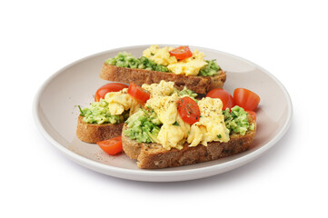 Plate with tasty scrambled eggs sandwiches and vegetables on white background