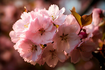 Fototapeta premium Close-up of a cluster of delicate pink cherry blossoms, the intricate details of the petals and stamen captured against a dreamy background of green spring foliage and soft warm sunlight.