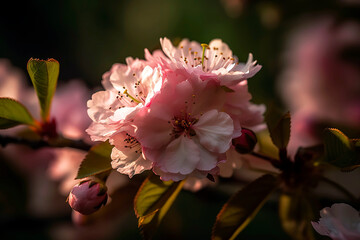 Close-up of a cluster of delicate pink cherry blossoms, the intricate details of the petals and stamen captured against a dreamy background of green spring foliage and soft warm sunlight.
