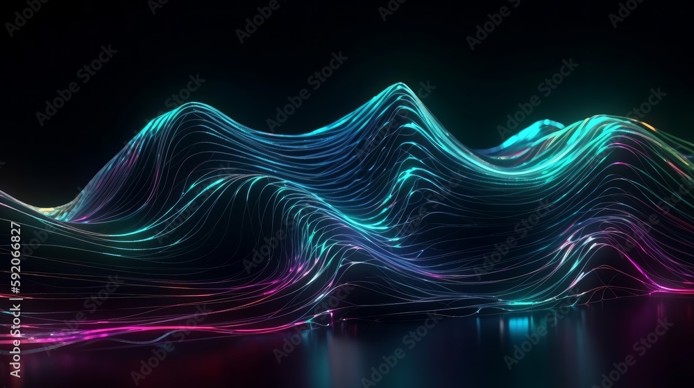 Poster abstract background of colorful neon wavy line glowi. generative ai