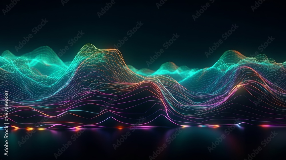 Poster abstract background of colorful neon wavy line glowi. generative ai