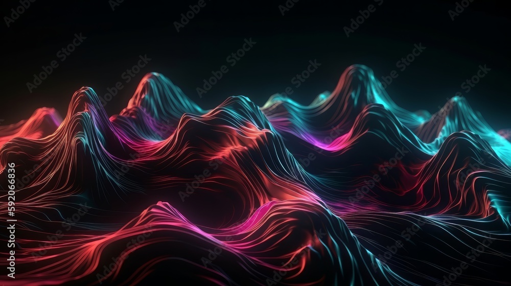 Poster Abstract background of colorful neon wavy line glowi. Generative AI