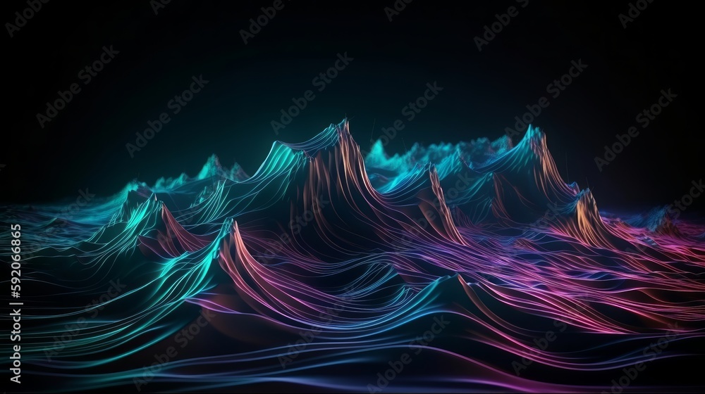 Poster abstract background of colorful neon wavy line glowi. generative ai
