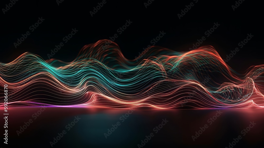 Poster abstract background of colorful neon wavy line glowi. generative ai